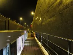 A lock on the River Rhine at night on board SS Antoinette