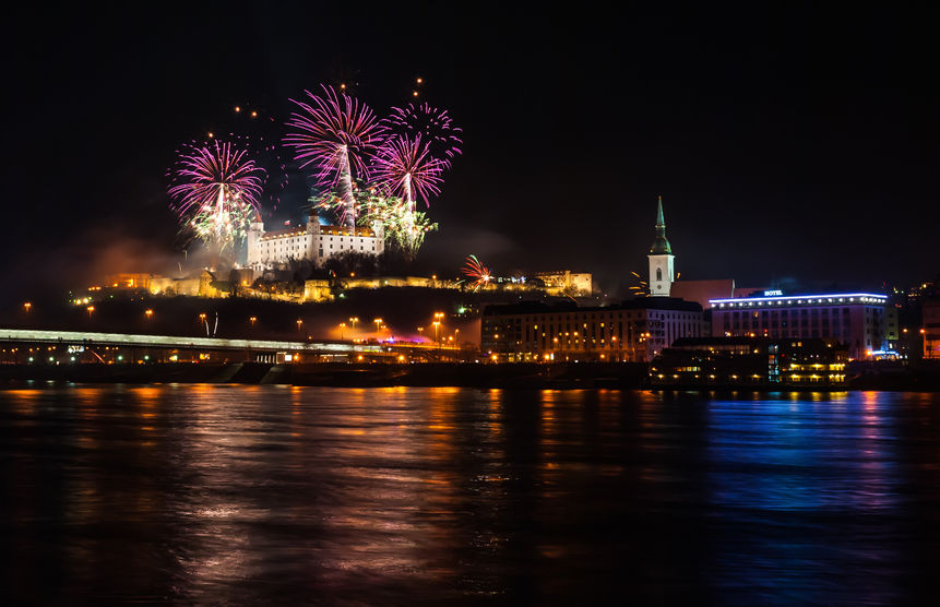 new year celebration. fireworks on the castle in bratislava, slovakia.