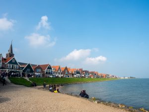 Coast line and beach with sea view in volendam, netherlands, on a springtime river cruise