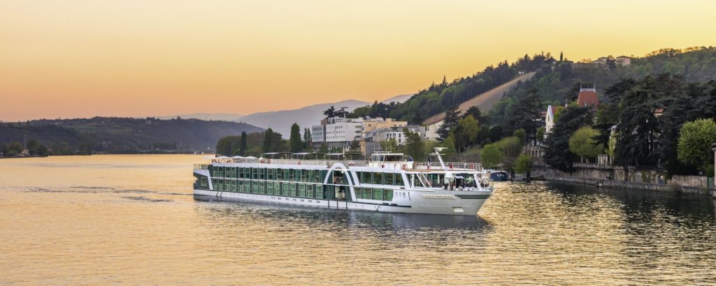 Amadeus Provence river ship on river Rhone at dusk.