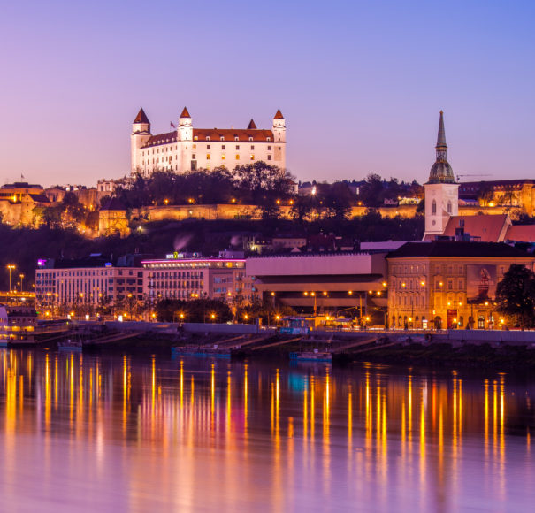 Christmas Cruise on the Danube from Global River Cruising. Beautiful night shot of Bratislava city, Slovakia