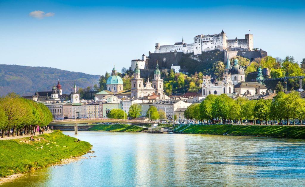 Beautiful-view-of-Salzburg-skyline-with-Festung-Hohensalzburg-and-Salzach-river-in-summer,-Salzburg,-Salzburger-Land,-Austria