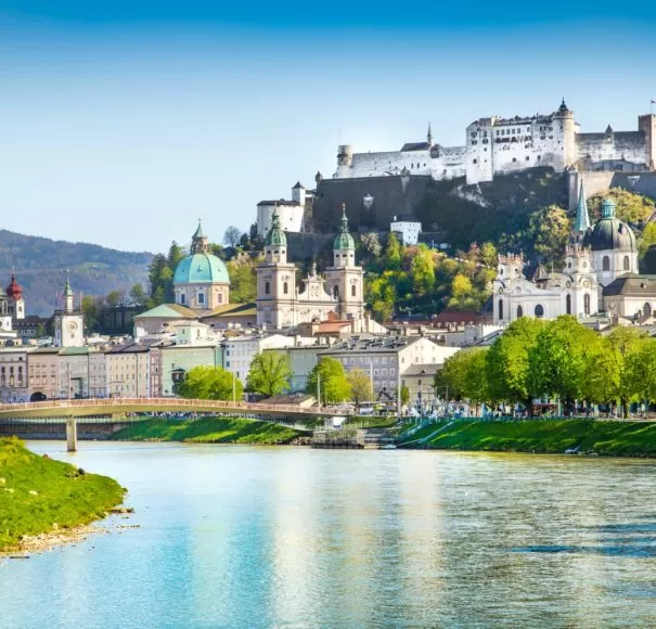 Danube River Cruise - Beautiful view of Salzburg skyline with Festung Hohensalzburg and Salzach river in summer, Salzburg, Salzburger Land, Austria