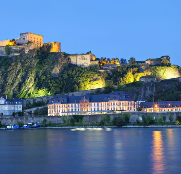 Rhine - Fortress Ehrenbreitstein on the side of river Rhine in Koblenz Germany