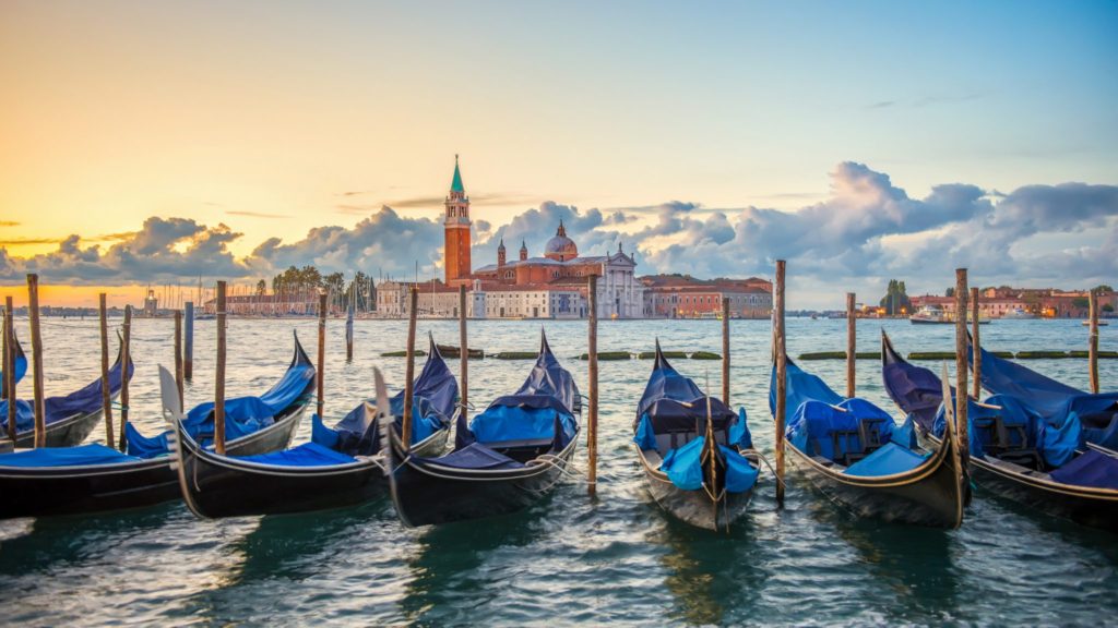 Gondolas moored by Saint Mark square,-Venice