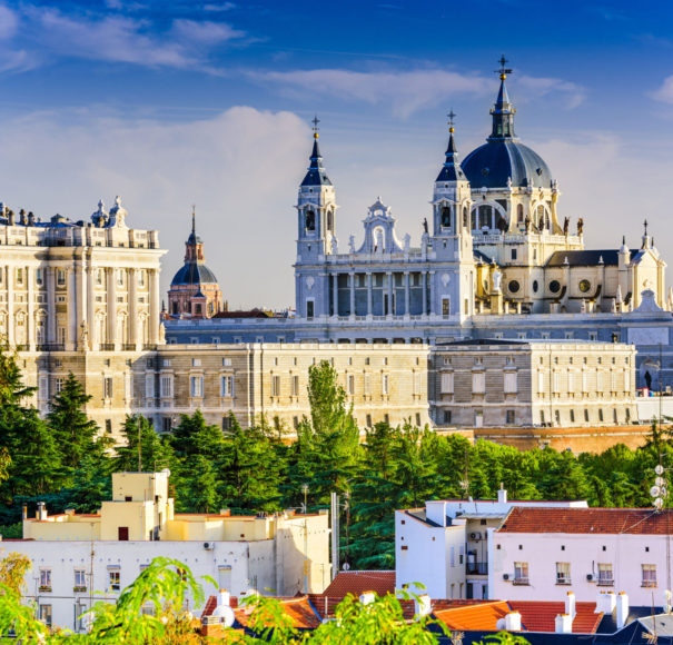 Madrid, Spain skyline at Santa Maria-la-Real-de-La Almudena Cathedral and the Royal Palace Douro