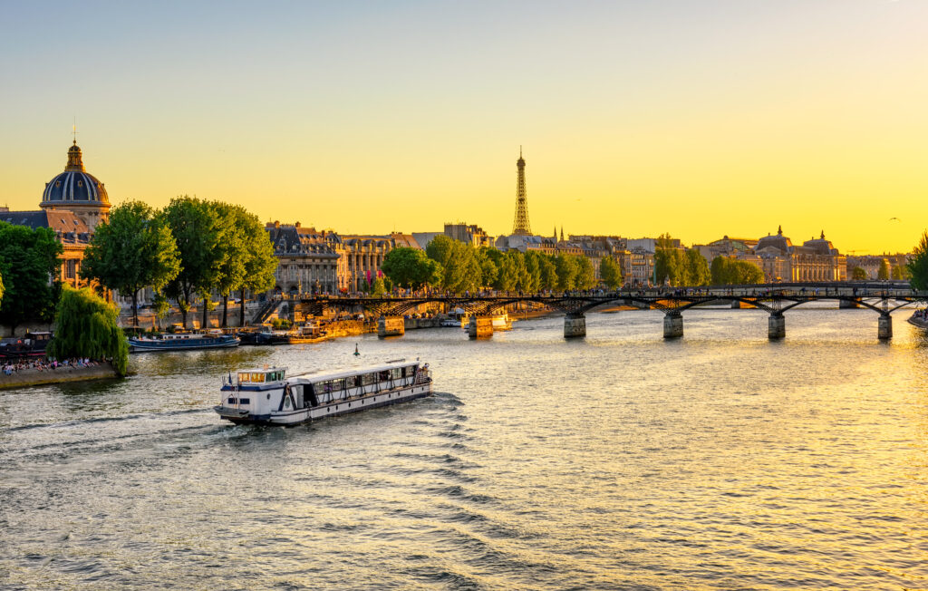 Seine no fly river cruise ship near Eiffel Tower