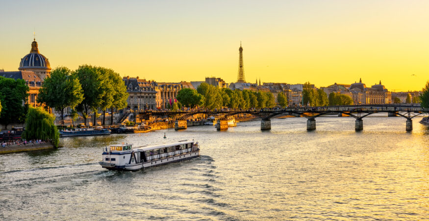 Seine no fly river cruise ship near Eiffel Tower